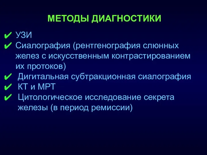 МЕТОДЫ ДИАГНОСТИКИ УЗИ Сиалография (рентгенография слюнных желез с искусственным контрастированием их