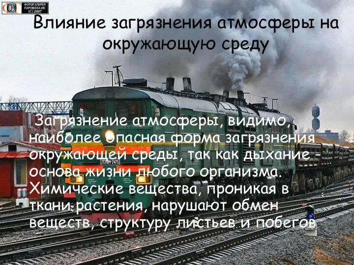 Влияние загрязнения атмосферы на окружающую среду Загрязнение атмосферы, видимо, наиболее опасная