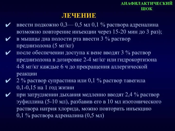 АНАФИЛАКТИЧЕСКИЙ ШОК ввести подкожно 0,3— 0,5 мл 0,1 % раствора адреналина