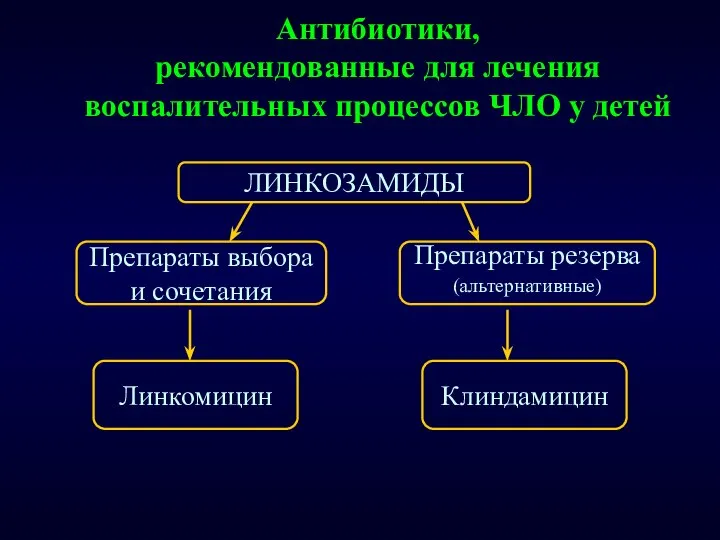 Антибиотики, рекомендованные для лечения воспалительных процессов ЧЛО у детей ЛИНКОЗАМИДЫ Линкомицин