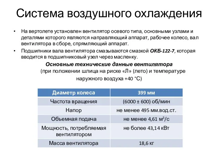 Система воздушного охлаждения На вертолете установлен вентилятор осевого типа, основными узлами