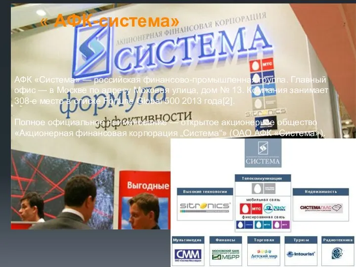 « АФК-система» АФК «Система» — российская финансово-промышленная группа. Главный офис —