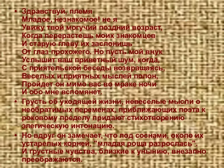 Здравствуй, племя Младое, незнакомое! не я Увижу твой могучий поздний возраст,