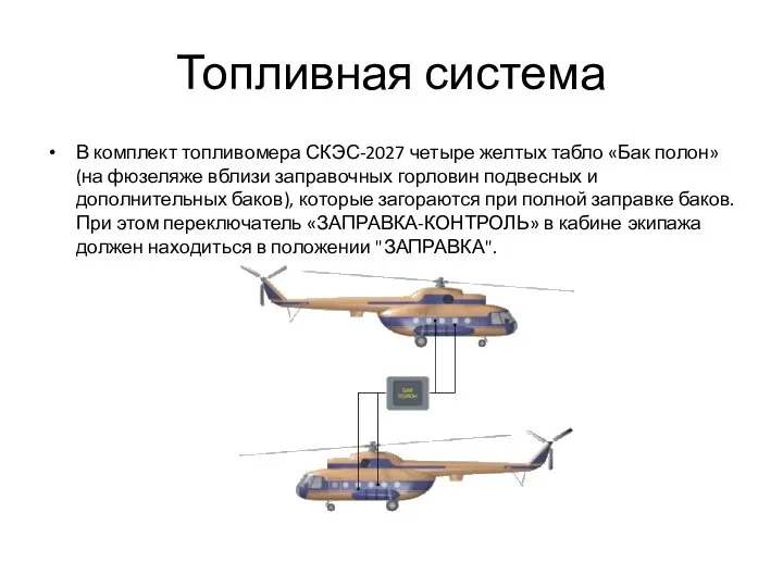 Топливная система В комплект топливомера СКЭС-2027 четыре желтых табло «Бак полон»