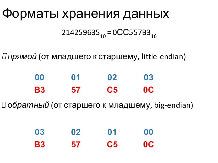 Форматы хранения данных 21425963510 = 0СС557B316 прямой (от младшего к старшему,