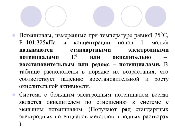 Потенциалы, измеренные при температуре равной 250С, Р=101,325кПа и концентрации ионов 1