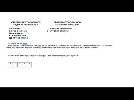 Задание 18 № 9485 Установите соответствие между участниками и сторонами уголовного