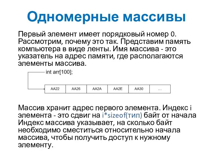 Одномерные массивы Первый элемент имеет порядковый номер 0. Рассмотрим, почему это