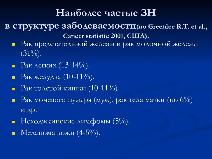 Наиболее частые ЗН в структуре заболеваемости(по Greenlee R.T. et al., Cancer