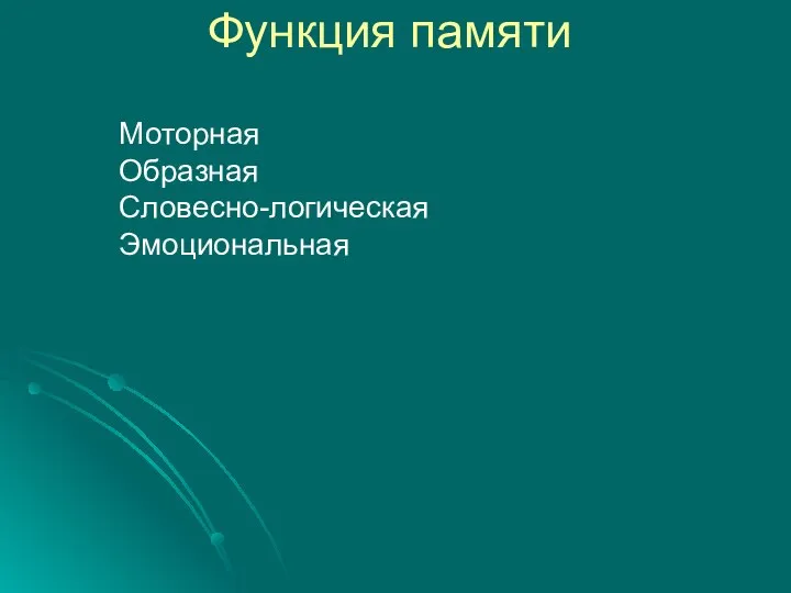 Функция памяти Моторная Образная Словесно-логическая Эмоциональная