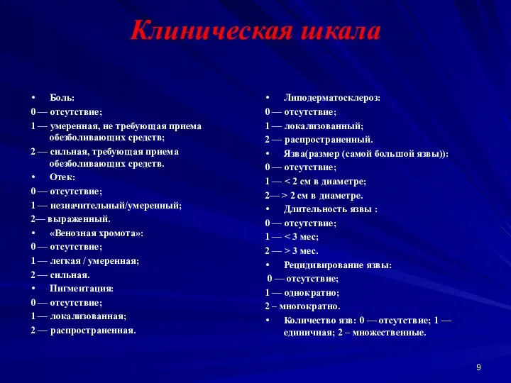 Клиническая шкала Боль: 0 — отсутствие; 1 — умеренная, не требующая