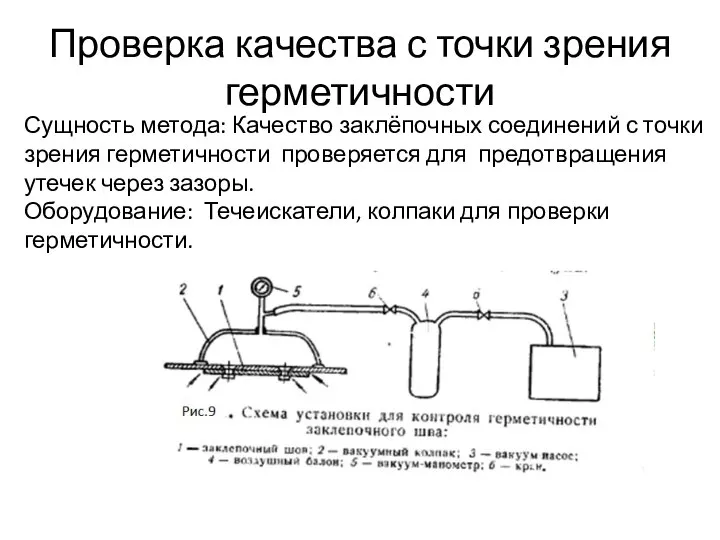 Проверка качества с точки зрения герметичности Сущность метода: Качество заклёпочных соединений