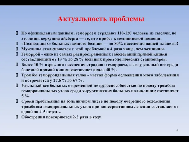 Актуальность проблемы По официальным данным, геморроем страдают 118-120 человек из тысячи,