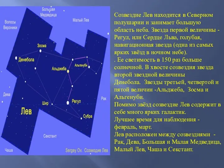 Созвездие Лев находится в Северном полушарии и занимает большую область неба.