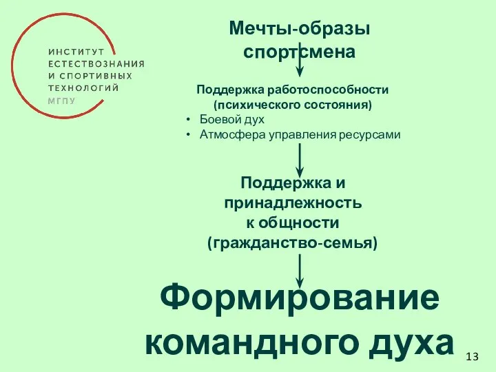 13 Мечты-образы спортсмена Поддержка и принадлежность к общности (гражданство-семья) Поддержка работоспособности