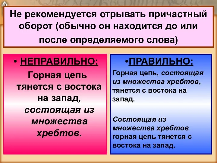 Не рекомендуется отрывать причастный оборот (обычно он находится до или после