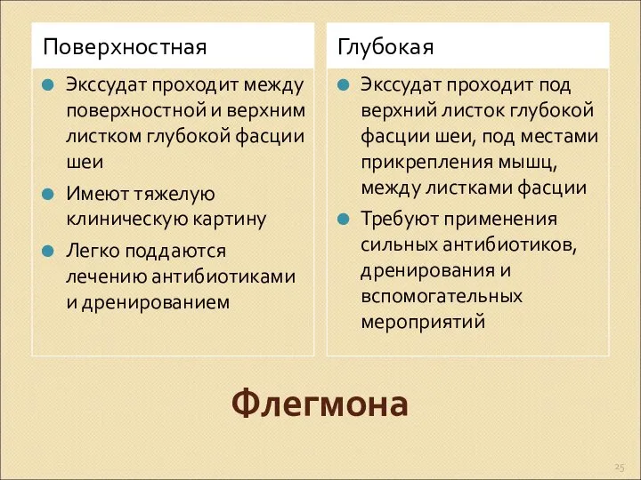 Флегмона Поверхностная Глубокая Экссудат проходит между поверхностной и верхним листком глубокой