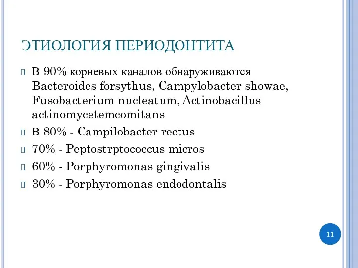 ЭТИОЛОГИЯ ПЕРИОДОНТИТА В 90% корневых каналов обнаруживаются Bacteroides forsythus, Campylobacter showae,