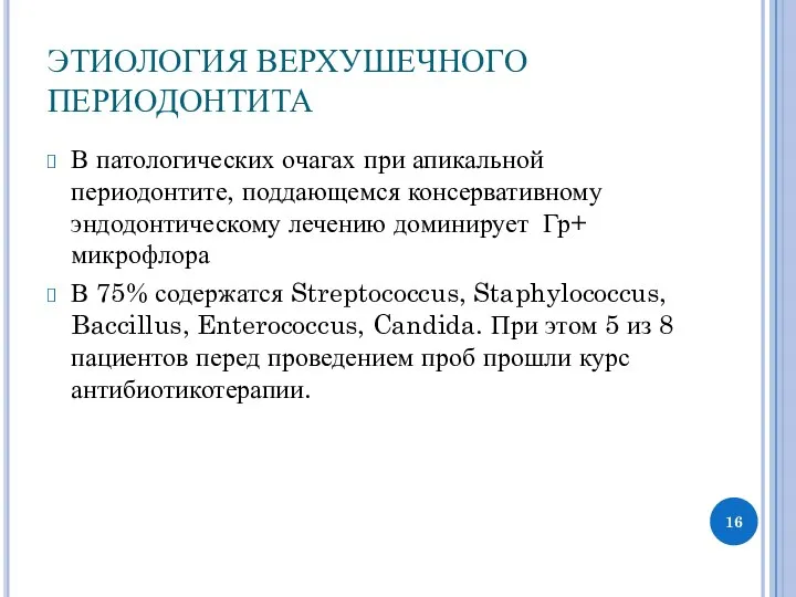 ЭТИОЛОГИЯ ВЕРХУШЕЧНОГО ПЕРИОДОНТИТА В патологических очагах при апикальной периодонтите, поддающемся консервативному