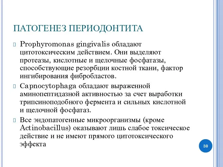 ПАТОГЕНЕЗ ПЕРИОДОНТИТА Prophyromonas gingivalis обладают цитотоксическим действием. Они выделяют протеазы, кислотные