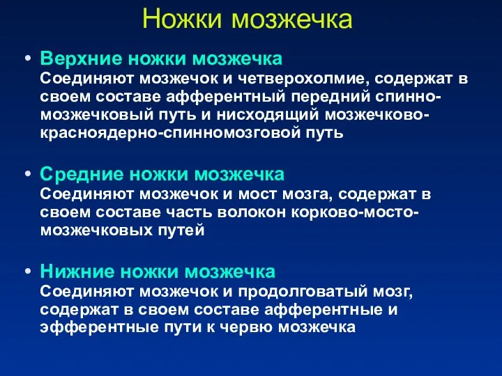 Ножки мозжечка Верхние ножки мозжечка Соединяют мозжечок и четверохолмие, содержат в