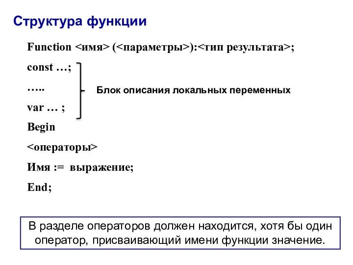 Структура функции В разделе операторов должен находится, хотя бы один оператор, присваивающий имени функции значение.