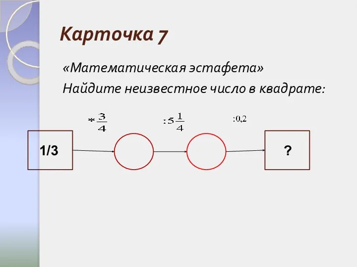 Карточка 7 «Математическая эстафета» Найдите неизвестное число в квадрате: 1/3 ?