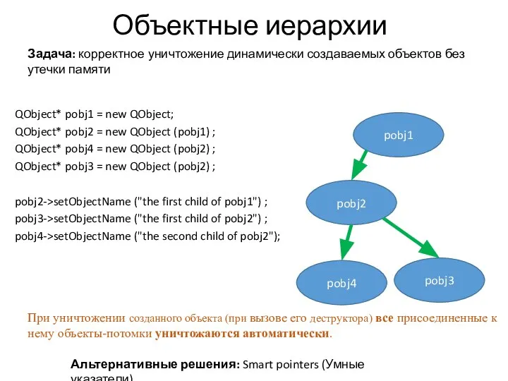 Объектные иерархии QObject* pobj1 = new QObject; QObject* pobj2 = new