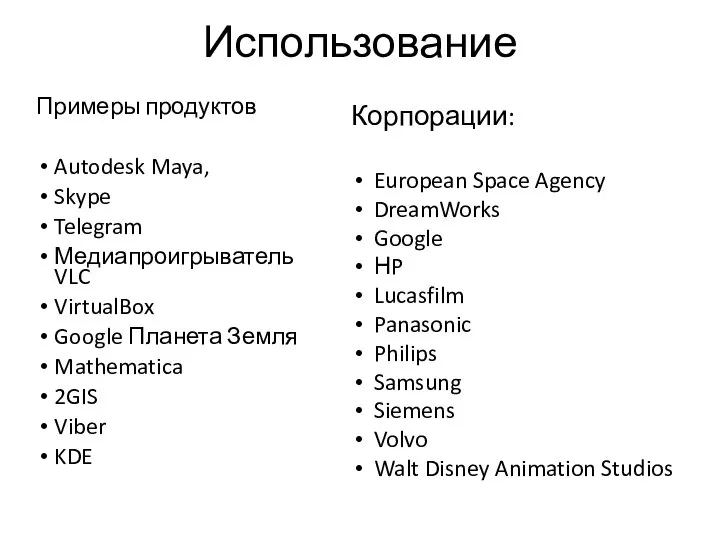 Использование Примеры продуктов Autodesk Maya, Skype Telegram Медиапроигрыватель VLC VirtualBox Google