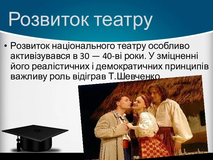 Розвиток національного театру особливо активізувався в 30 — 40-ві роки. У