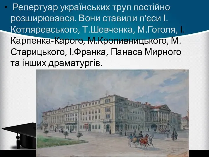 Репертуар українських труп постійно розширювався. Вони ставили п'єси І.Котляревського, Т.Шевченка, М.Гоголя,