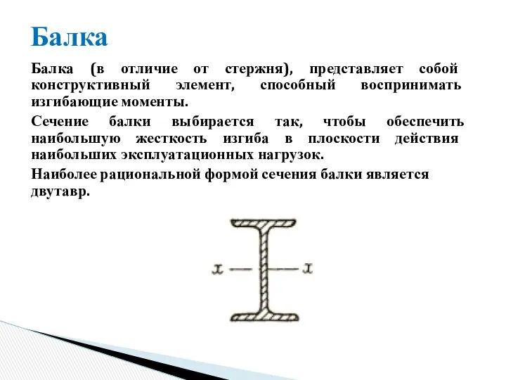 Балка (в отличие от стержня), представляет собой конструктивный элемент, способный воспринимать