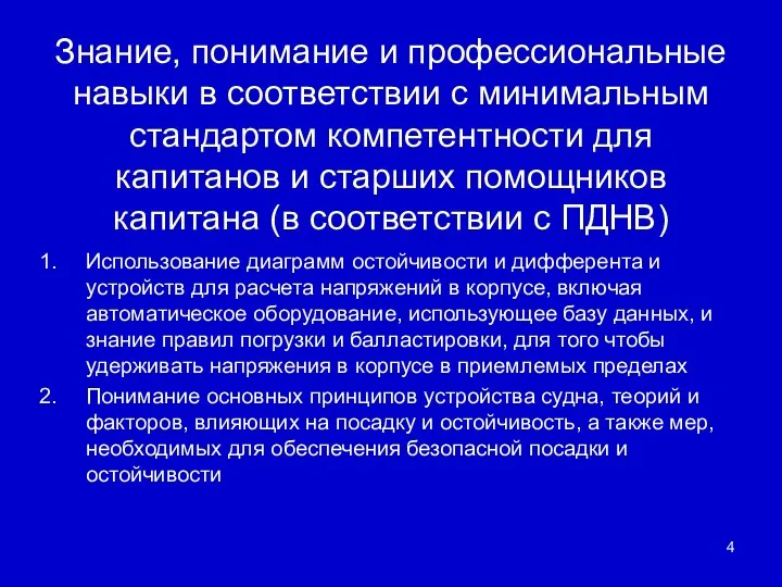 Знание, понимание и профессиональные навыки в соответствии с минимальным стандартом компетентности