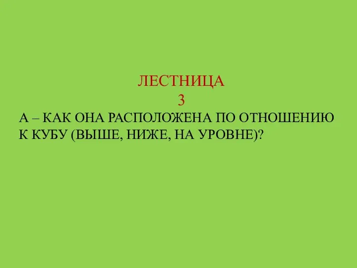 ЛЕСТНИЦА 3 А – КАК ОНА РАСПОЛОЖЕНА ПО ОТНОШЕНИЮ К КУБУ (ВЫШЕ, НИЖЕ, НА УРОВНЕ)?