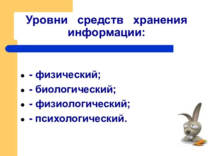 Уровни средств хранения информации: - физический; - биологический; - физиологический; - психологический.