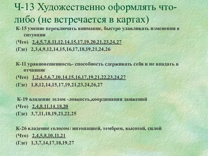 Ч-13 Художественно оформлять что-либо (не встречается в картах) К-15 умение переключать