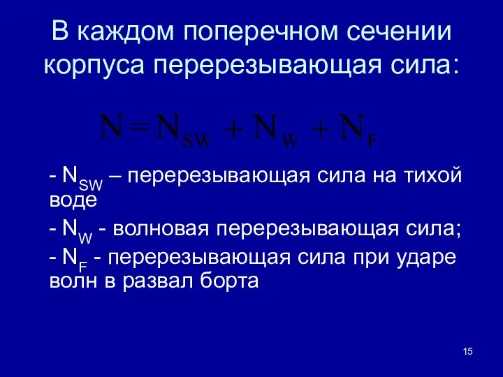 В каждом поперечном сечении корпуса перерезывающая сила: - NSW – перерезывающая