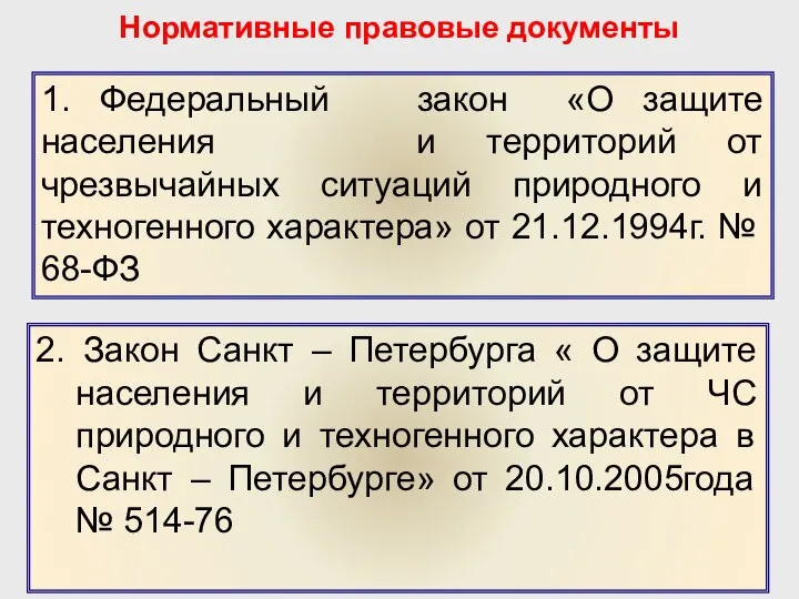 Нормативные правовые документы 1. Федеральный закон «О защите населения и территорий