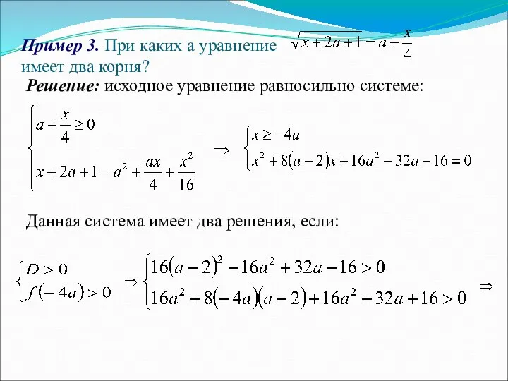 Пример 3. При каких а уравнение имеет два корня? Решение: исходное