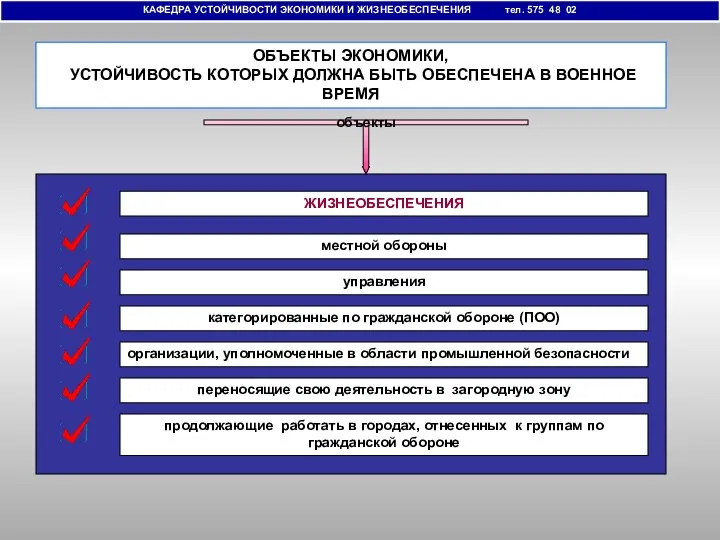 КАФЕДРА УСТОЙЧИВОСТИ ЭКОНОМИКИ И ЖИЗНЕОБЕСПЕЧЕНИЯ тел. 575 48 02 ОБЪЕКТЫ ЭКОНОМИКИ,