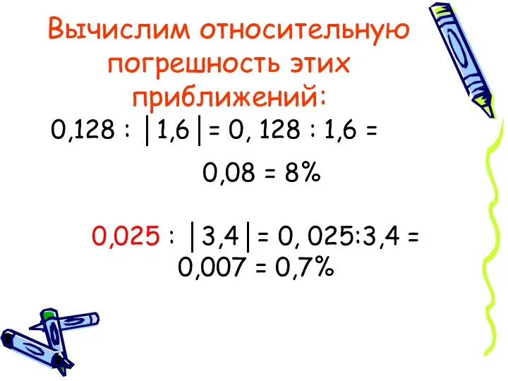 Вычислим относительную погрешность этих приближений: 0,128 : │1,6│= 0, 128 :