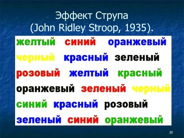 Эффект Струпа (John Ridley Stroop, 1935).