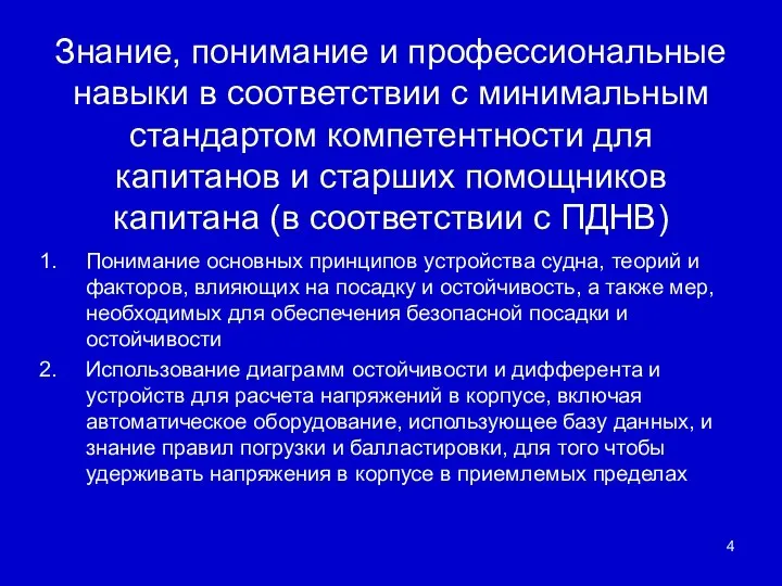 Знание, понимание и профессиональные навыки в соответствии с минимальным стандартом компетентности