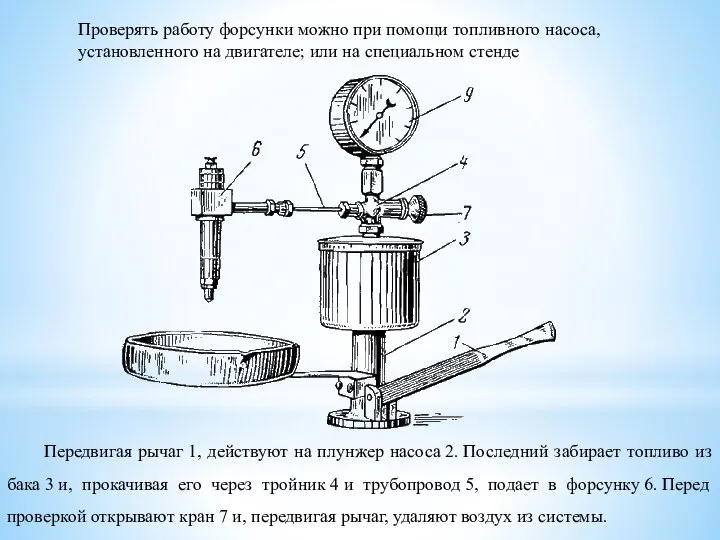 Проверять работу форсунки можно при помощи топливного насоса, установленного на двигателе;