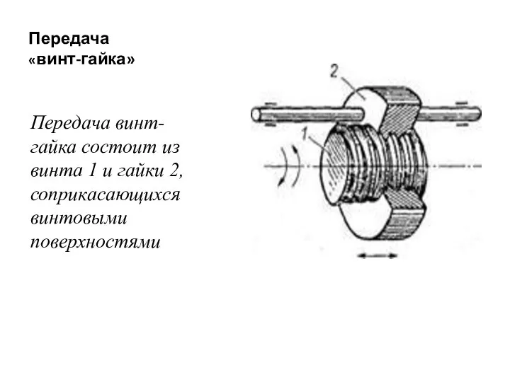 Передача «винт-гайка» Передача винт-гайка состоит из винта 1 и гайки 2, соприкасающихся винтовыми поверхностями