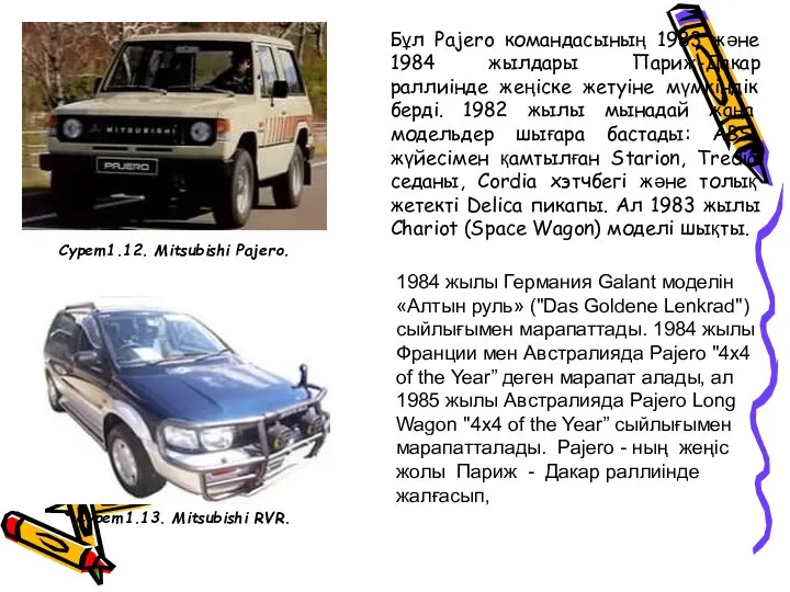 Бұл Pajero командасының 1983 және 1984 жылдары Париж-Дакар раллиінде жеңіске жетуіне