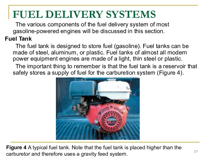 FUEL DELIVERY SYSTEMS The various components of the fuel delivery system