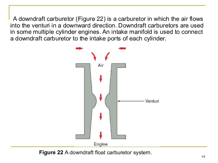A downdraft carburetor (Figure 22) is a carburetor in which the