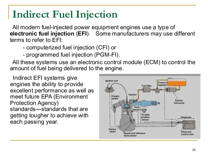 Indirect Fuel Injection All modern fuel-injected power equipment engines use a