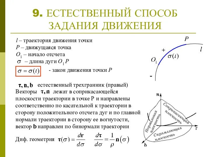 9. ЕСТЕСТВЕННЫЙ СПОСОБ ЗАДАНИЯ ДВИЖЕНИЯ l – траектория движения точки Р